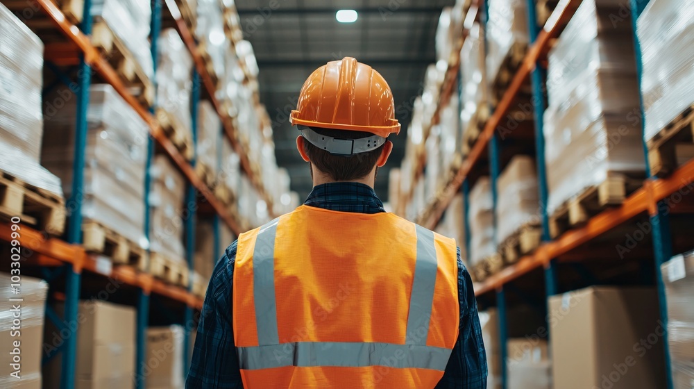 A warehouse worker in safety gear observing inventory in a large distribution center highlighting the importance of safety standards in industry operations