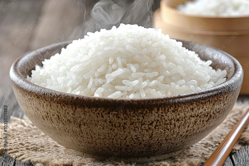 Steaming Bowl of White Rice with a Wooden Chopstick Steaming Bowl of White Rice with a Wooden Chopstick