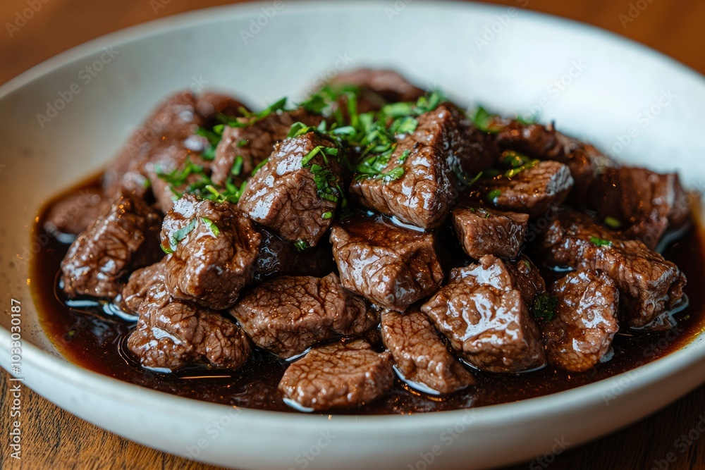 Close-up of Braised Beef Cubes in a White Bowl with Sauce and Green Herbs Close-up of Braised Beef Cubes in a White Bowl with Sauce and Green Herbs