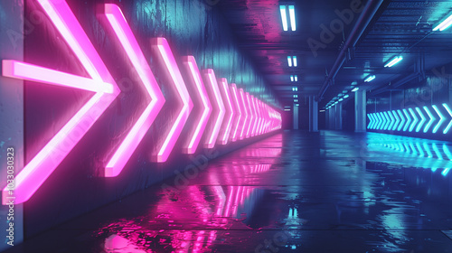 Neon arrows in pink and blue reflecting on a wet futuristic tunnel