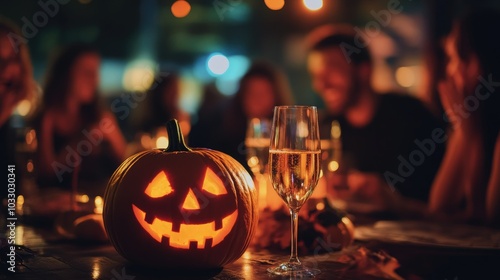 People gathered around a party table celebrating halloween with drinks and pumpkins