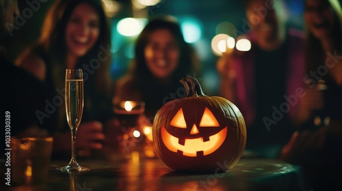 People gathered around a party table celebrating halloween with drinks and pumpkins