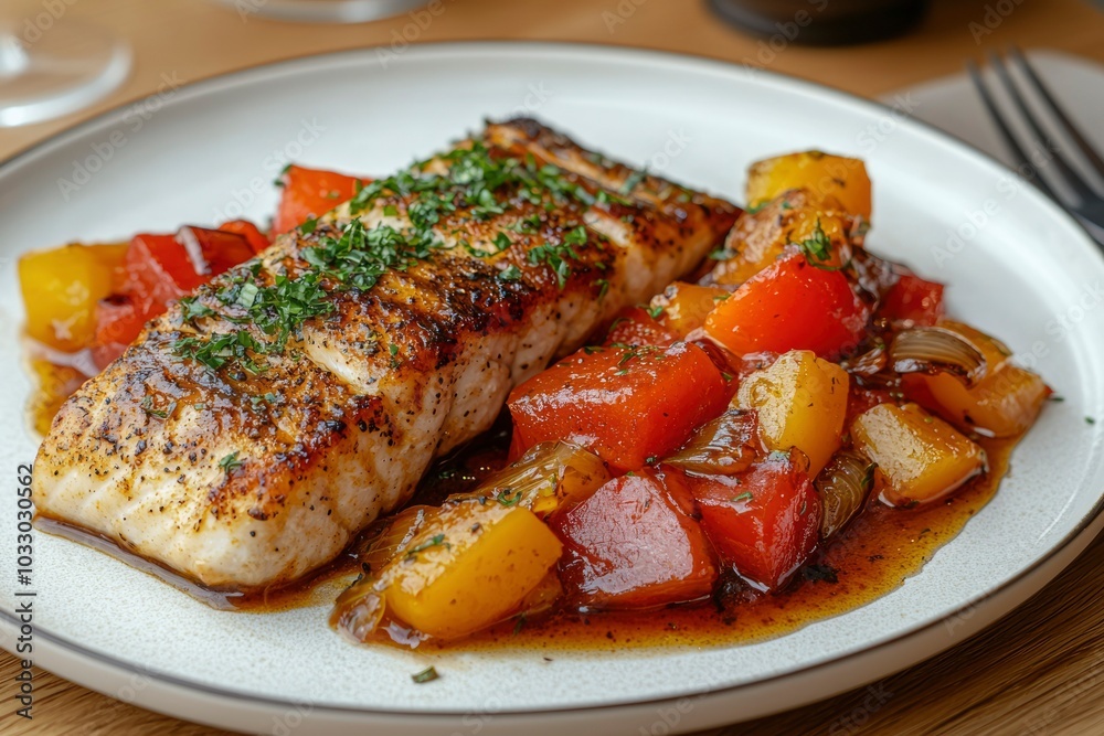 Grilled Fish Fillet with Seared Bell Peppers and Onions Grilled Fish Fillet with Seared Bell Peppers and Onions