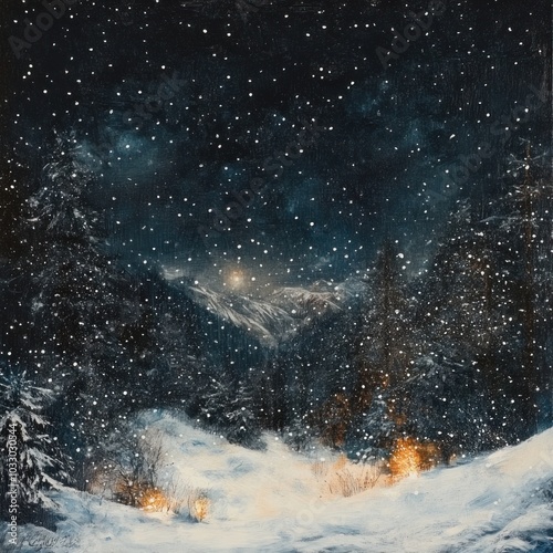 A serene winter night snowflakes dance under the stars in a majestic mountain landscape