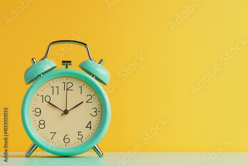 A vintage-style teal alarm clock stands against a bright yellow background, emphasizing a cheerful and nostalgic aesthetic.