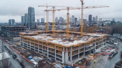 Urban Construction Site with Cranes and Cityscape