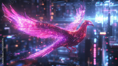 Glowing digital bird flying over futuristic cityscape. photo
