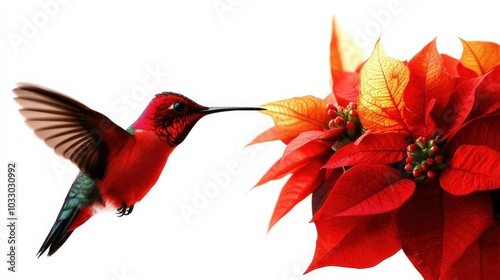 Hummingbird feeding on vibrant red flowers against a white background.