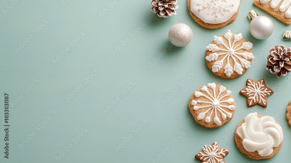 Homemade Christmas cookies in various holiday shapes, flat lay on green background, minimalist composition with space for text, bright and cheerful