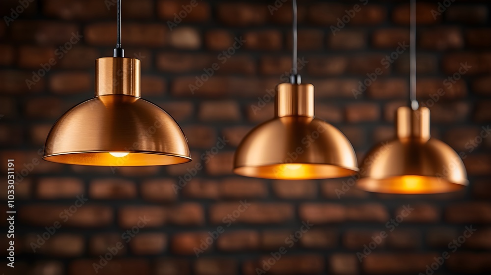 Obraz premium Industrial-style pendant lamps hanging in clusters against a rustic red brick wall, warm ambient lighting creating a cozy atmosphere
