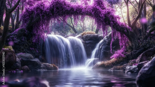 A dreamy tree arch with branches draped in pink and purple flowers, leading to a cascading waterfall, creating a scene of natural beauty and serenity.