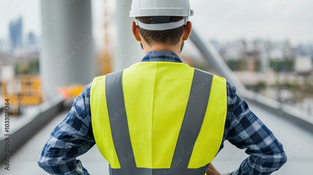 Construction worker overseeing project with urban skyline in background focused on safety and industry standards Construction worker overseeing project with urban skyline in background focused on safety and industry standards