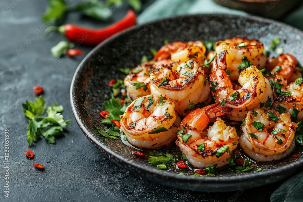 Grilled Shrimp with Parsley and Chili Flakes on a Black Plate Grilled Shrimp with Parsley and Chili Flakes on a Black Plate