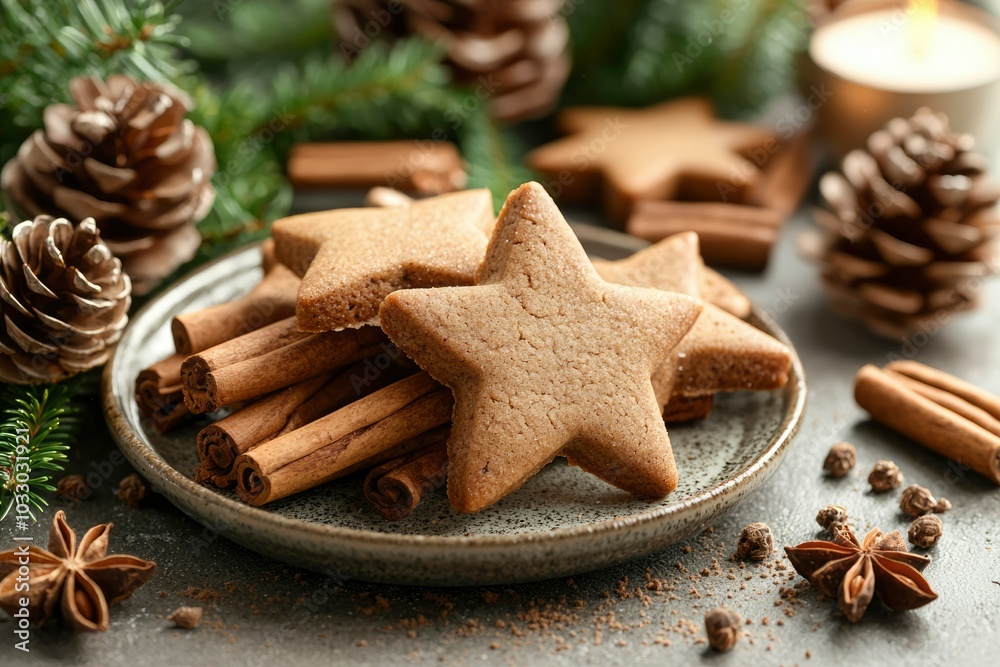 Star-shaped Gingerbread Cookies with Cinnamon Sticks and Star Anise on a Plate Star-shaped Gingerbread Cookies with Cinnamon Sticks and Star Anise on a Plate