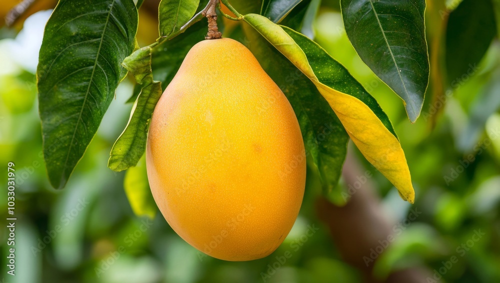 A ripe yellow mango hanging from a tree branch with green leaves. A ripe yellow mango hanging from a tree branch with green leaves.