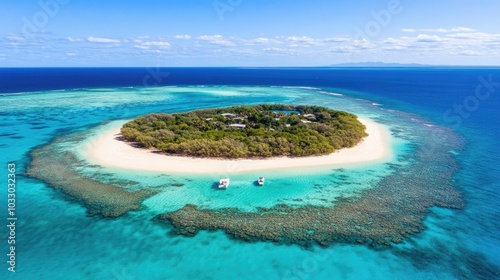 Aerial View of Tropical Island with Clear Blue Waters