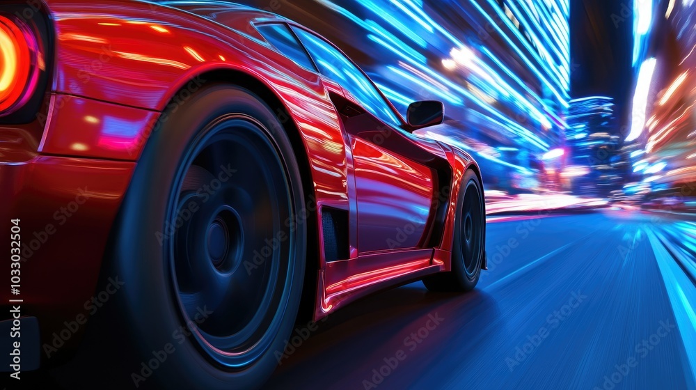 Speeding Red Sports Car on a Vibrant City Street at Night, Capturing Motion and Urban Excitement Speeding Red Sports Car on a Vibrant City Street at Night, Capturing Motion and Urban Excitement