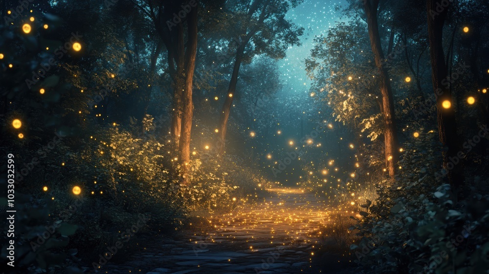 Fototapeta premium Enchanted forest path lit by fireflies.
