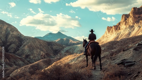 A man in a classic cowboy outfit, riding a horse through a rugged mountain landscape, capturing the spirit of adventure and the beauty of nature.