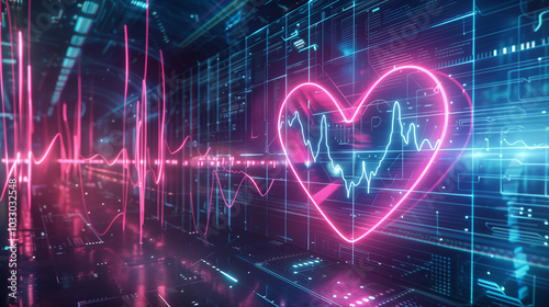 Futuristic neon heart and digital heartbeat pulse glowing in a high-tech interface