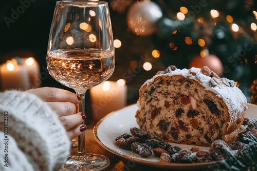 A Glass of White Wine and a Slice of Festive Fruitcake photo