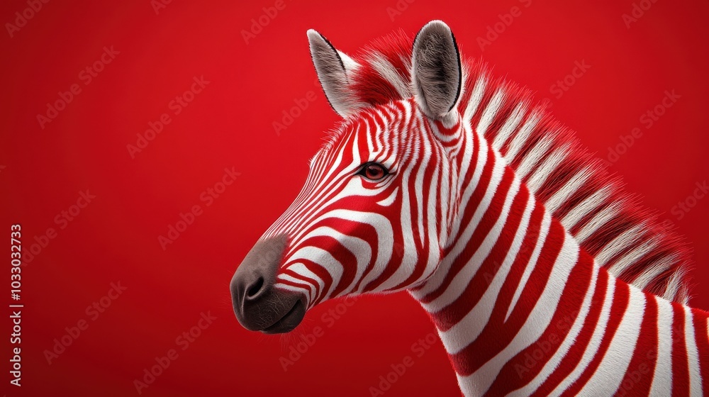 Zebra with unique red and white stripes on a vibrant red background. Zebra with unique red and white stripes on a vibrant red background.