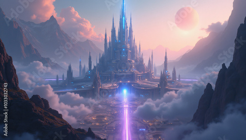 Fantasy castle with glowing lights in a misty mountain landscape