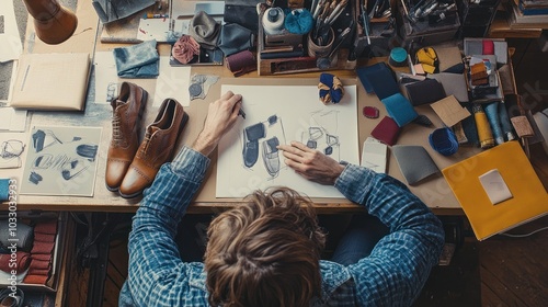 A shoemaker sketching designs for new shoe styles, with a workspace filled with inspiration, including fabrics, leather samples, and prototype shoes