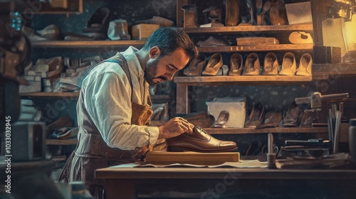 A traditional shoemaker using a last to shape a new shoe, with shelves filled with various materials and shoe designs in the background, emphasizing craftsmanship and detail.