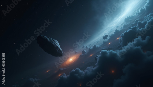 Spaceships flying through a galaxy filled with asteroids