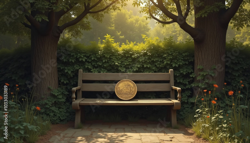 Wooden park bench under a large tree on a sunny day
