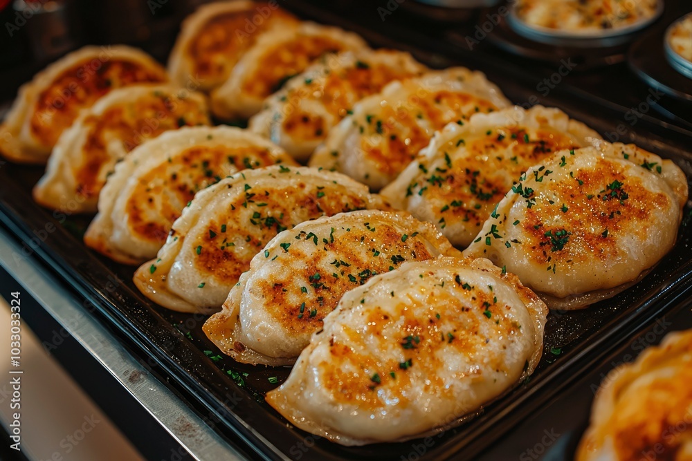 Close-up of Crispy, Golden-Brown Dumplings with Green Herbs Close-up of Crispy, Golden-Brown Dumplings with Green Herbs