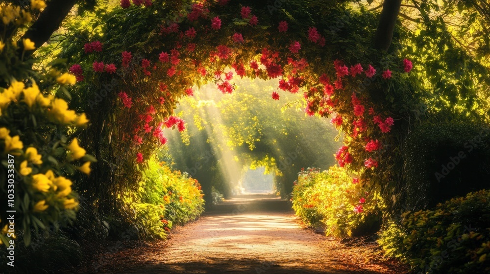 An enchanting tree-lined archway, with rays of sunlight filtering through the leaves, leading to a waterfall nestled among a lush garden of red and yellow flowers. An enchanting tree-lined archway, with rays of sunlight filtering through the leaves, leading to a waterfall nestled among a lush garden of red and yellow flowers.