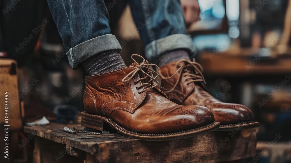 An experienced cobbler demonstrating the process of repairing a vintage pair of shoes, showcasing the art of restoration in a warm, inviting workshop setting. An experienced cobbler demonstrating the process of repairing a vintage pair of shoes, showcasing the art of restoration in a warm, inviting workshop setting.