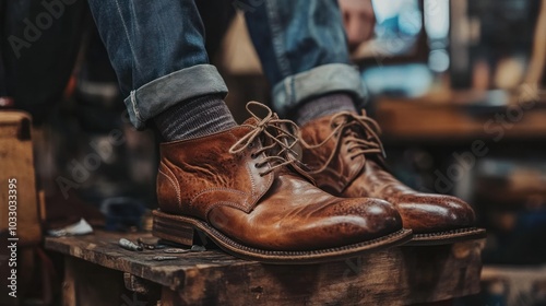 An experienced cobbler demonstrating the process of repairing a vintage pair of shoes, showcasing the art of restoration in a warm, inviting workshop setting.