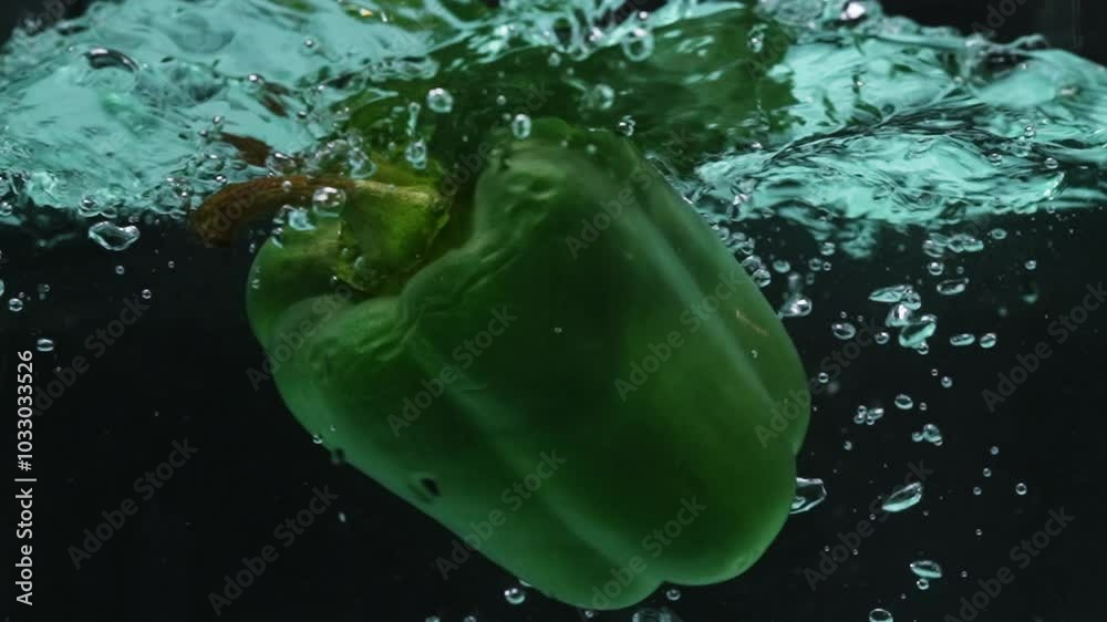 Close up of a fresh green bell pepper floating in water. The pepper is ...