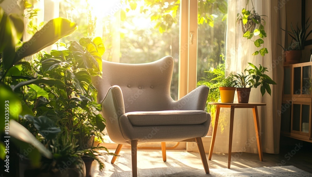 A comfortable armchair sits in a sunlit room surrounded by lush greenery. A comfortable armchair sits in a sunlit room surrounded by lush greenery.