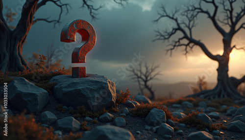 Question mark statue on a hill in a surreal landscape