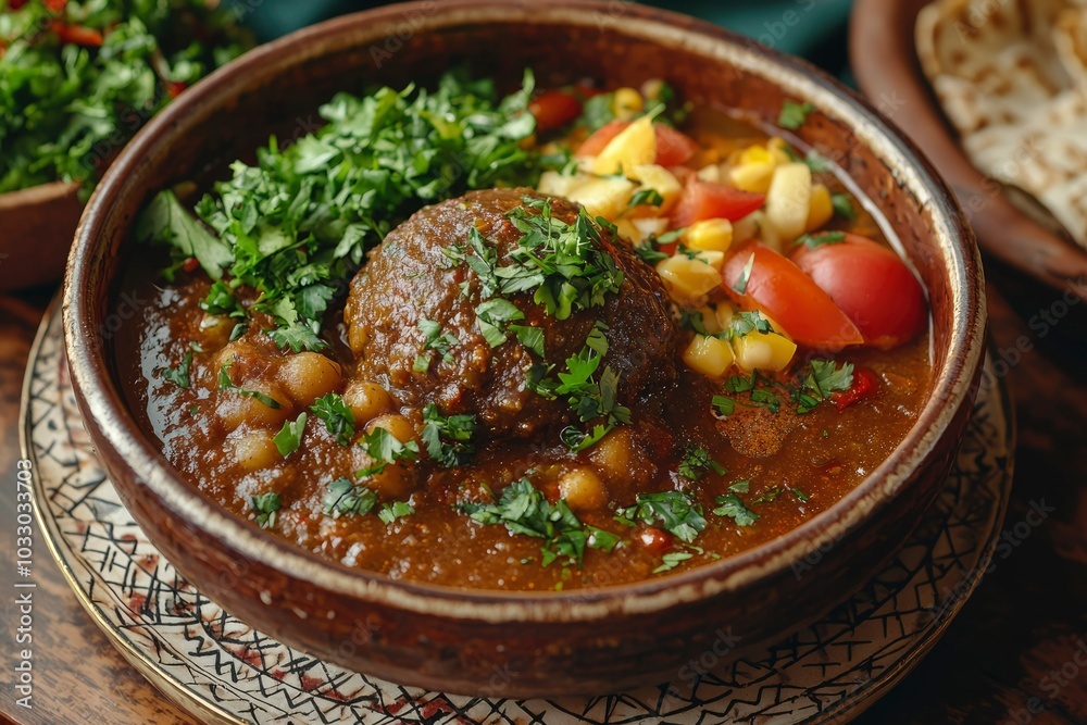Close-Up of a Clay Bowl Filled with a Hearty Meat Stew Topped with Fresh Herbs and Vegetables Close-Up of a Clay Bowl Filled with a Hearty Meat Stew Topped with Fresh Herbs and Vegetables