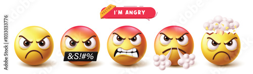 Emoji angry icon characters vector set. Emojis emoticon in mad, cruel, shiver, bad mood and explode face 3d character collection in white background. Vector illustration emoticons angry facial 