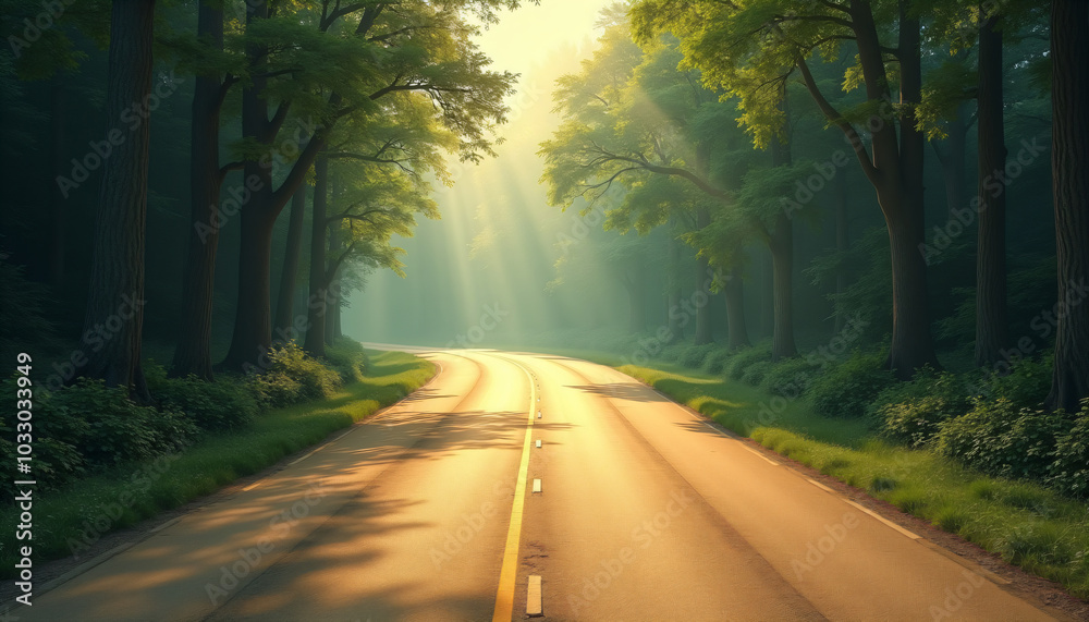 Sunlit forest road with tall trees on both sides Sunlit forest road with tall trees on both sides