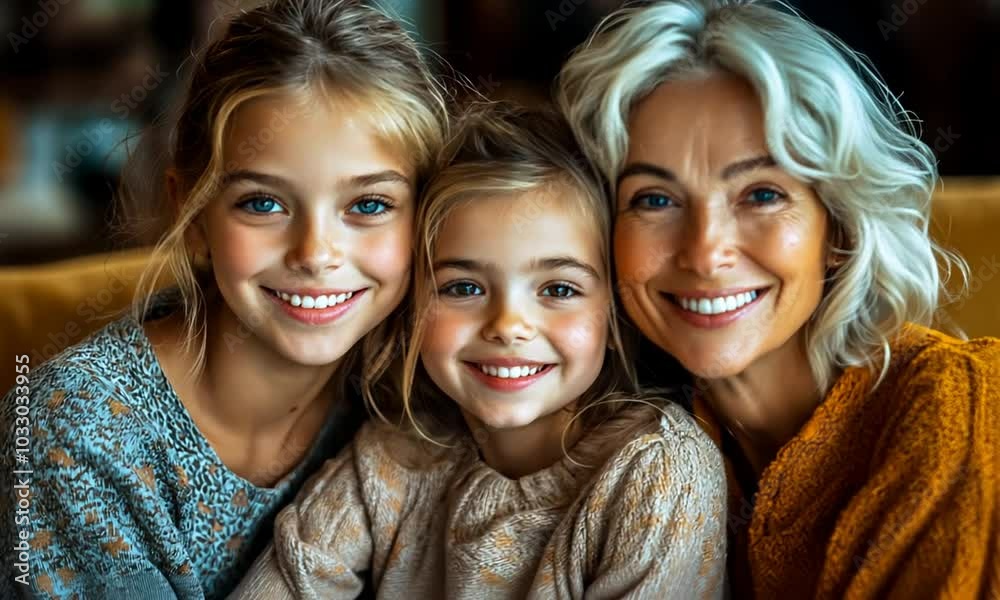 Little girl hugging her granny, mom beside them, all smiling. Little girl hugging her granny, mom beside them, all smiling.