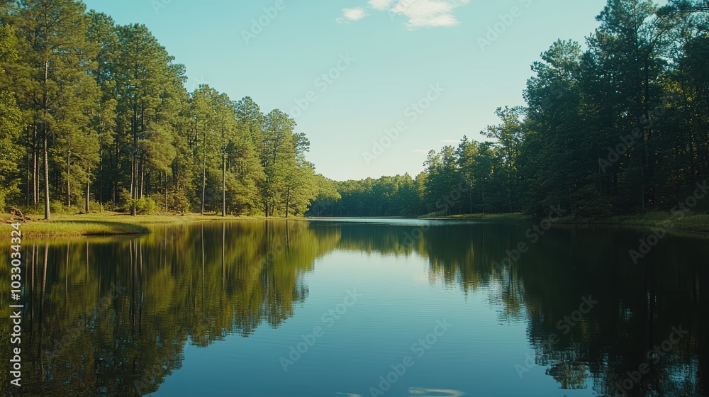 Fototapeta premium Forest reflecting in still lake water.