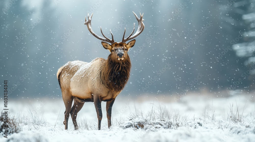 majestic elk with large antlers stands in a snowy winter landscape, surrounded by gently falling snowflakes, creating a serene wildlife scene. majestic elk with large antlers stands in a snowy winter landscape, surrounded by gently falling snowflakes, creating a serene wildlife scene.