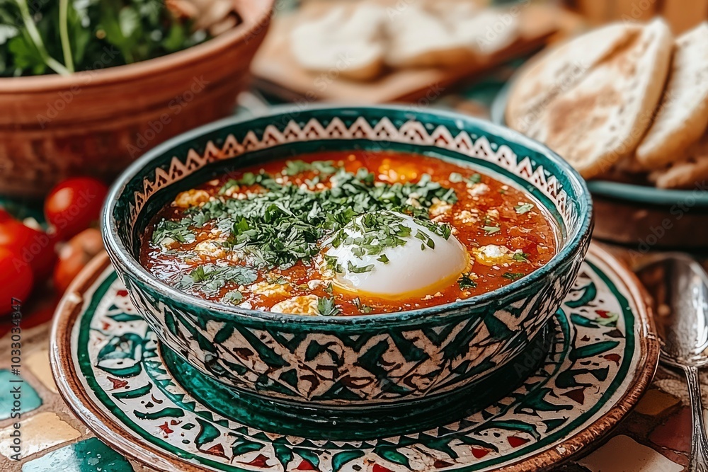Bowl of tomato soup with a poached egg, parsley, and feta cheese Bowl of tomato soup with a poached egg, parsley, and feta cheese