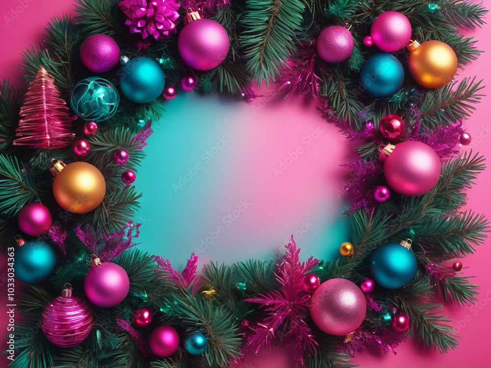 abstract luxury Christmas layout border with christmas tree branches, christmas decorations in vibrant neon glow. copy space. flat lay abstract luxury Christmas layout border with christmas tree branches, christmas decorations in vibrant neon glow. copy space. flat lay