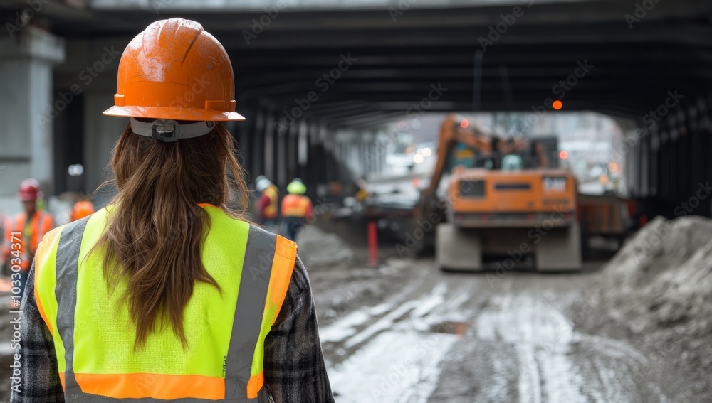 A female construction worker in a hard hat and safety vest stands on a construction site, looking at an excavator in the distance. A female construction worker in a hard hat and safety vest stands on a construction site, looking at an excavator in the distance.