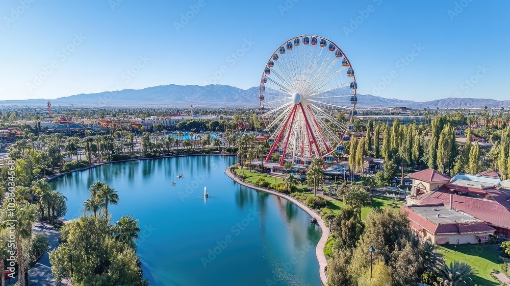 Fototapeta premium Scenic View of Ferris Wheel and Lake in Amusement Park