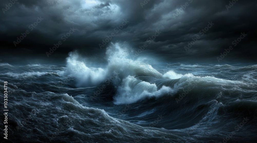 Stormy sea with breaking waves under dark sky. Stormy sea with breaking waves under dark sky.
