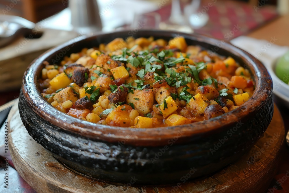 A Close-Up View of a Hearty Stew with Chicken, Vegetables, and Parsley in a Clay Pot A Close-Up View of a Hearty Stew with Chicken, Vegetables, and Parsley in a Clay Pot
